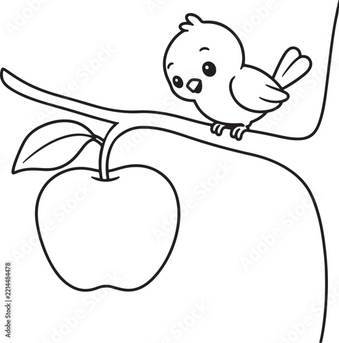 apple coloring page with bird and tree vector design art illustrator 