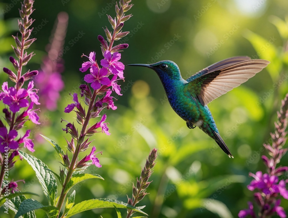 Naklejka premium Small colorful hummingbird flies near purple flowers in summer garden. Tiny bird hovers mid air to drink nectar from blossom. Wildlife nature scene shows iridescent feathers, bright flora in sunlit