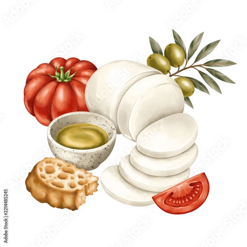 Italian food composition with mozzarella, olives, tomatoes, olive oil and rustic bread