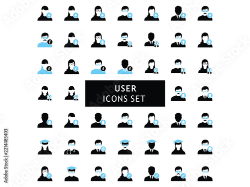 User Icons Set, Minimalist Black and Blue Person Symbols, Vector Silhouette Emblems for Web Design