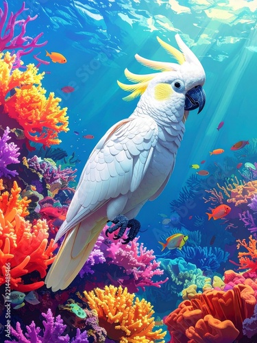 A white cockatoo with a yellow crest swimming underwater amidst colorful coral reefs and small fish.