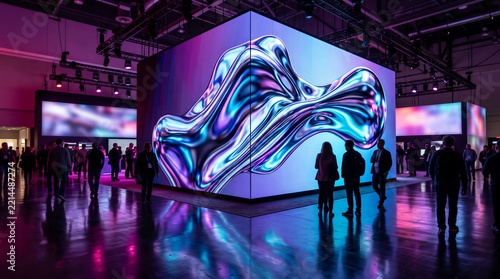 People viewing digital art installation on large LED cube