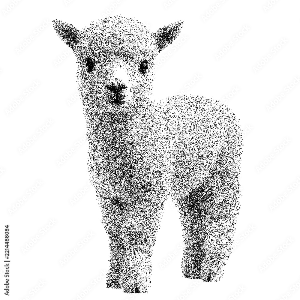 Fototapeta premium Adorable baby alpaca with fluffy wool and curious expression - transparent background png stipple dotted halftone monochrome dots
