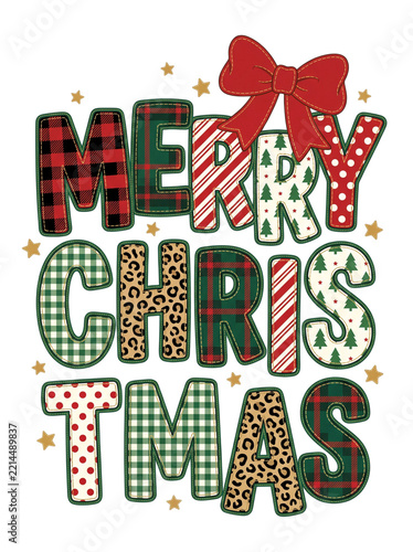 Merry christmas typography lettering design with colorful buffalo plaid patterns and festive red bow on transparent background