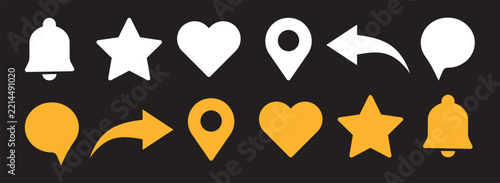 Notification bell icon set, featuring solid style speech bubbles, curved arrows, location pins, and heart symbols in a vector collection element