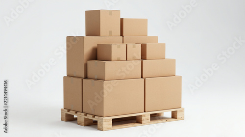 Cardboard boxes and stacked boxes with packaging for shipping and storage, cargo and parcels on a wooden pallet, made of corrugated cardboard against a blank background.