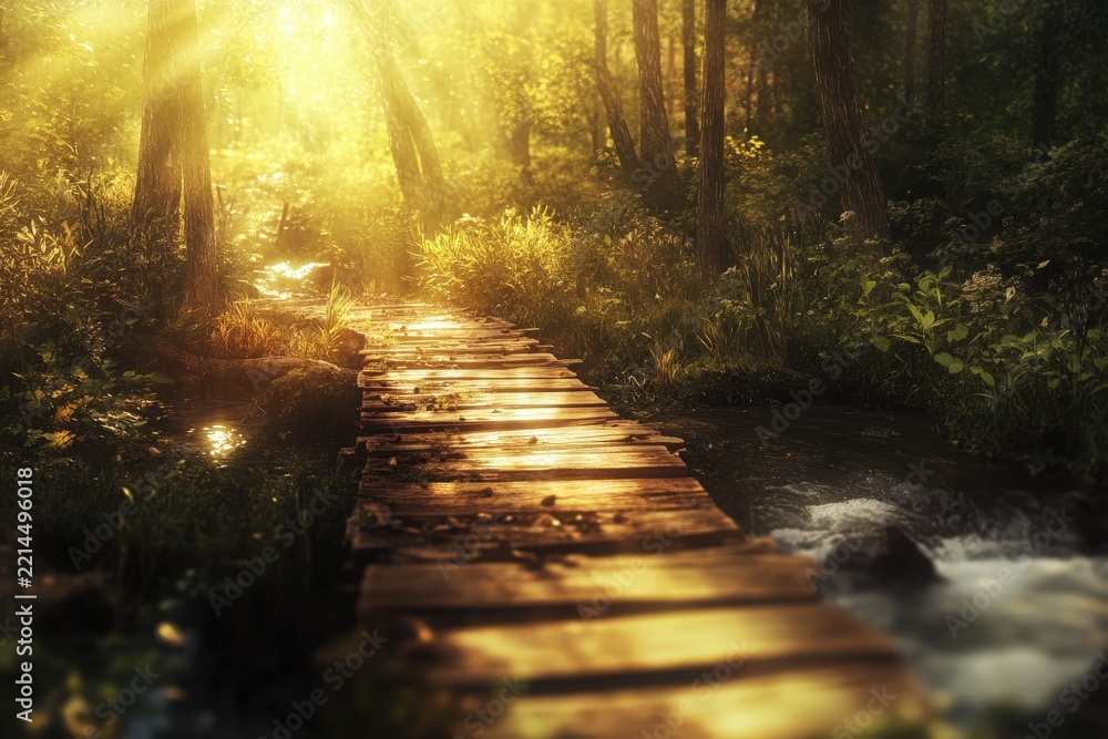 Fototapeta premium Wooden bridge path through sunlit forest.