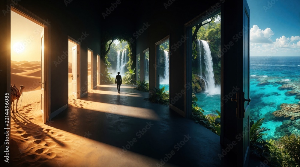 Fototapeta premium Man walks through dark hallway with many open doors. Doorway shows different world like desert with camel, tropical jungle waterfall, blue ocean. Surreal concept of life choices, future