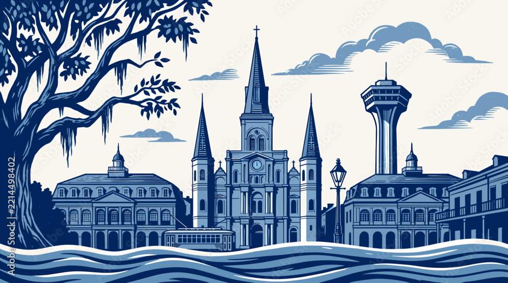 Obraz premium New orleans skyline featuring cathedral and oak tree in blue style