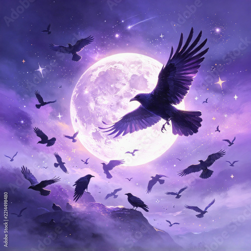 Atmospheric Night Landscape with Flying Crow
