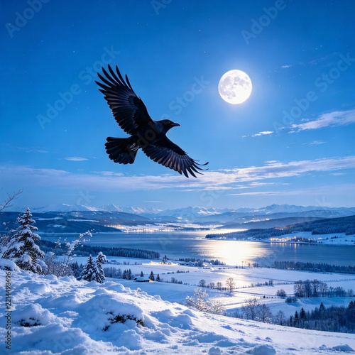 Mysterious Crow Flying Over a Mountain Landscape