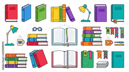 Flat illustration collection of stacked hardcover books, study lamps, stationery, and coffee cups