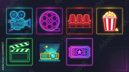 Glowing retro neon movie theater icons featuring camera, popcorn bucket, film strip, and ticket stub