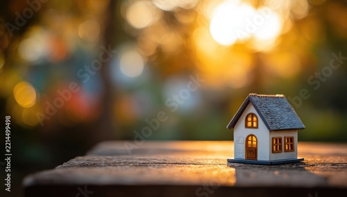 Miniature house on wooden table, sunset bokeh