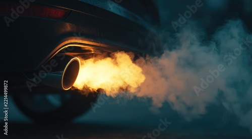 Car's exhaust emitting bright orange-yellow flames and thick smoke at night