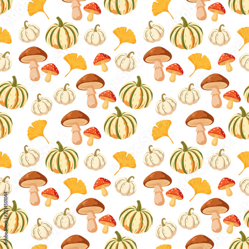 Autumn botanical seamless pattern featuring pumpkins and mushrooms. Vector background.
