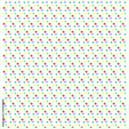 Seamless pattern with colorful abstract shapes, stars, spirals and floral elements, repeating geometric background, vibrant festive wallpaper design isolated on transparent background