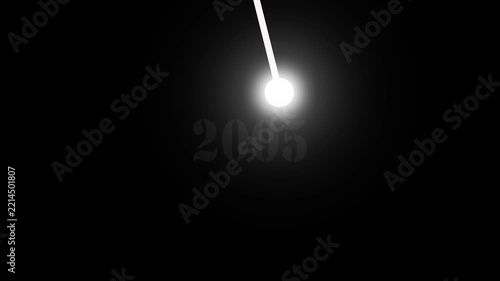 A luminous white orb on a thin white string is centered against a black background with the year 2005softly appearing in gray text beneath. 4k video animation