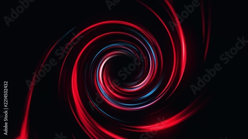 Swirling vortex of vibrant light trails in blue, purple and pink color on a dark background. Concept of big data, block chain and digital technology. Template with free copy space for text.