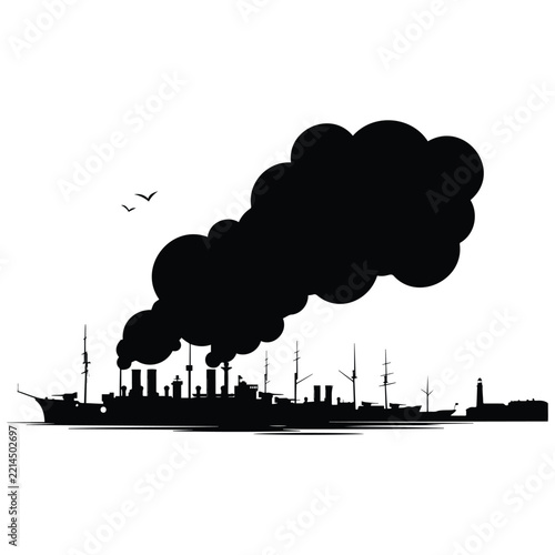 Vintage warship silhouette with thick black smoke cloud sailing past coastal lighthouse.
