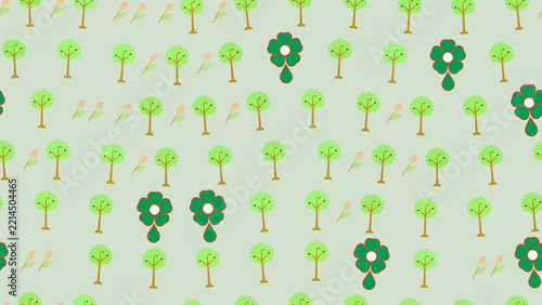 Stylized trees and flowers seamless pattern