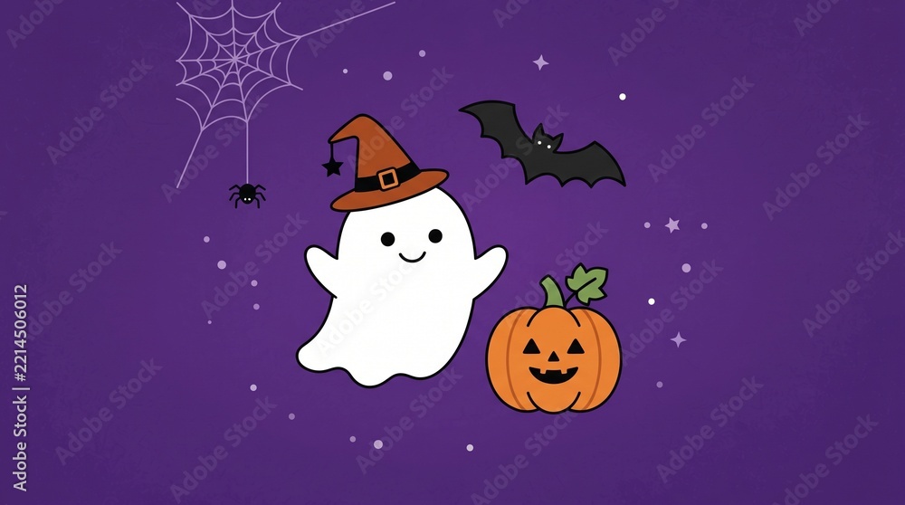 Fototapeta premium Halloween icon set ghost, pumpkin, hat, bat, and spiderweb illustration. Halloween decoration.
