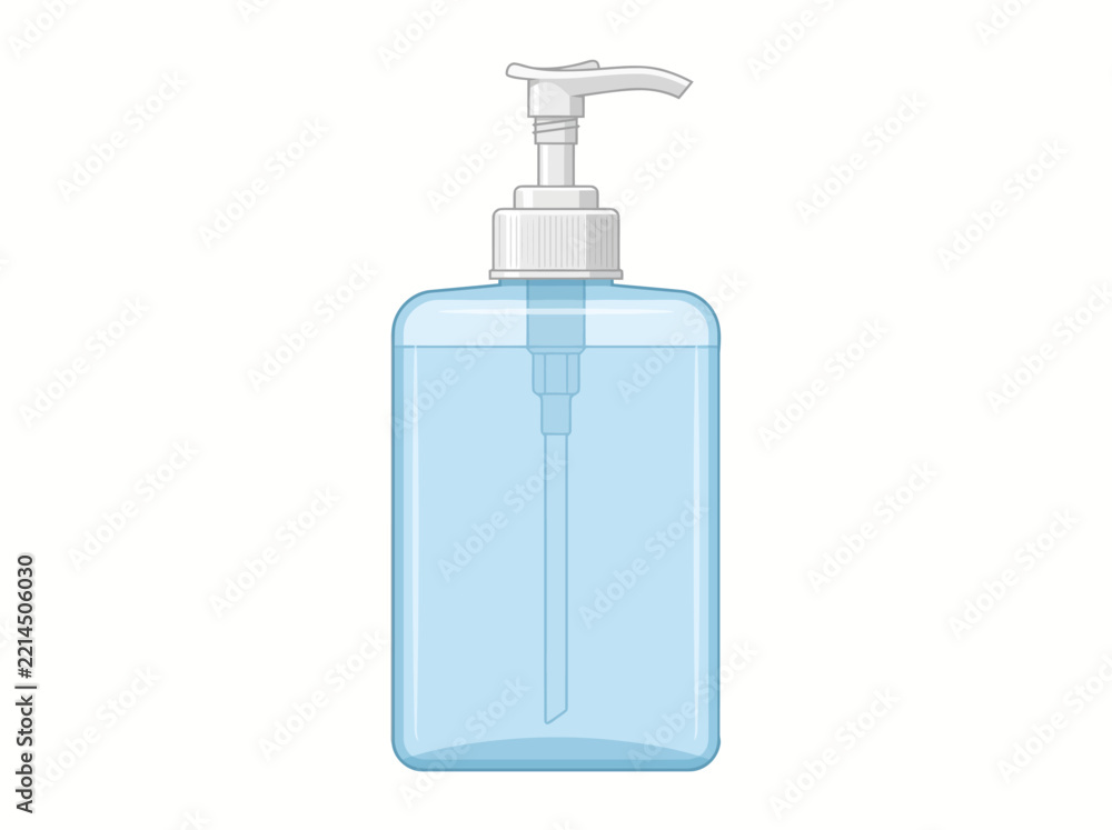 Fototapeta premium Liquid soap dispenser bottle filled with blue fluid shown in crisp vector illustration for sanitary concepts.