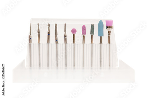 Manicure drill bits of various sizes and shapes. On a white background.