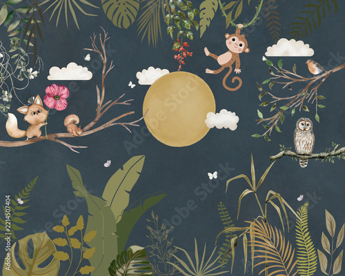 Photography Cute jungle animals at night with moon, monkey, squirrel and owl in tropical for