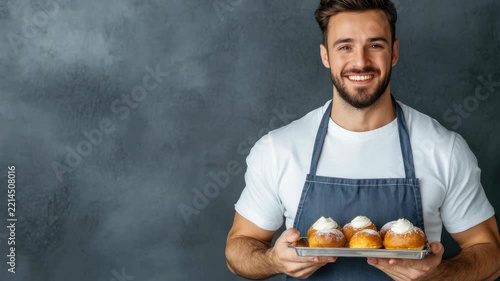 A Baker's Delight: Man Serving Pastries in Apron