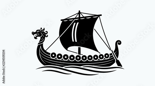 Viking Ship Silhouette Dragon Head Mast Sail.