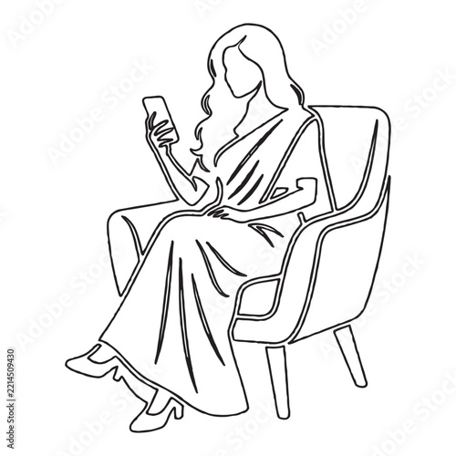 Line art of a woman holding a mobile phone