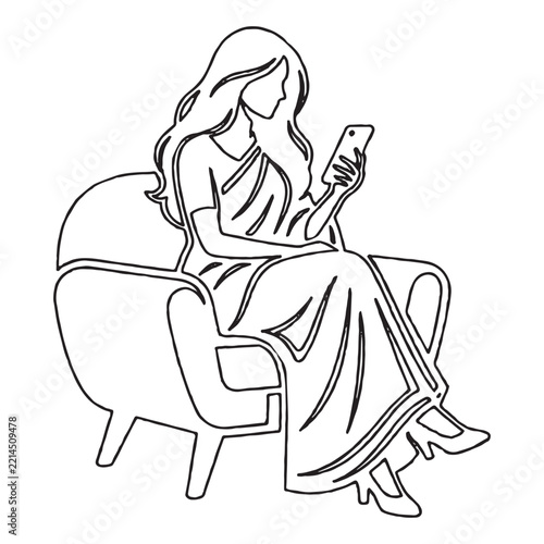 Line art of a woman holding a mobile phone