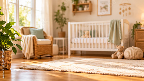 Cozy modern nursery room with white crib and wicker chair in sunlight