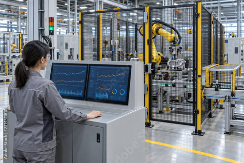 Engineer Monitoring a Robot Cell Behind a Safety Fence