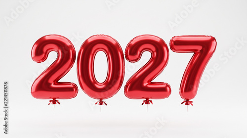 Red 2027 foil balloons isolated on white background for new year