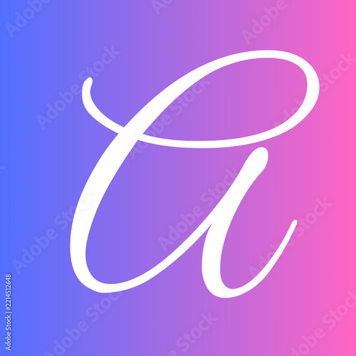 Elegant lowercase letter a written in white cursive calligraphy style set against a vibrant modern blue and pink gradient background