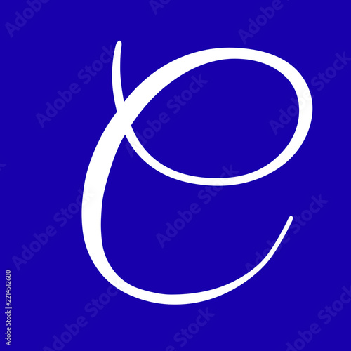 Elegant lowercase letter e depicted in white script typography set against a solid deep blue background for minimalist graphic design projects