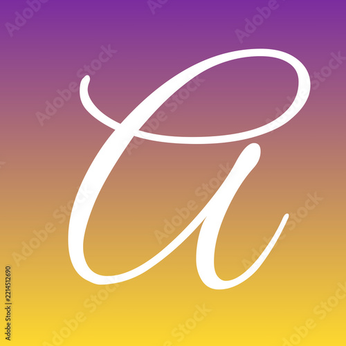Elegant lowercase letter a written in white script font set against a vibrant purple and orange gradient background artistic design