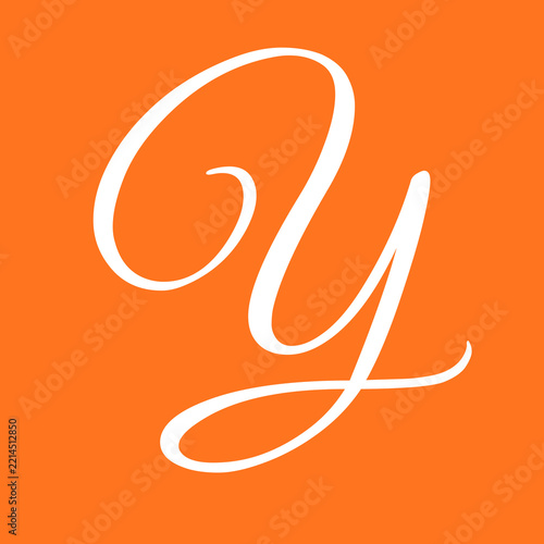 Elegant lowercase letter y rendered in white cursive calligraphy style against a vibrant solid orange background for modern graphic design