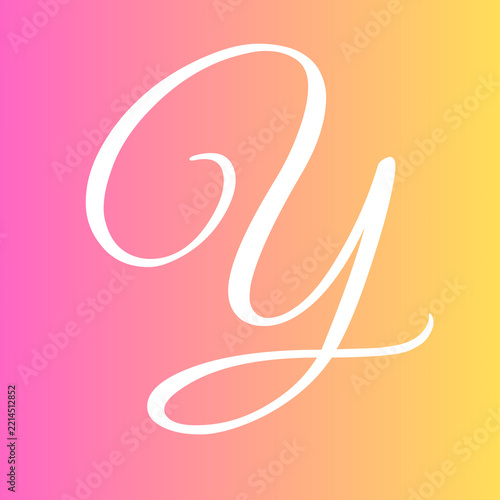 Elegant lowercase letter y rendered in white cursive calligraphy against a bright vibrant gradient background of shifting pink and yellow