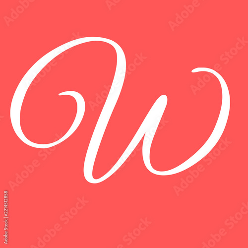 Elegant lowercase letter w written in white calligraphy font style isolated on a vivid vibrant coral red solid background color
