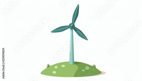 Green Wind Turbine Generator on Hill for Renewable Clean Energy Flat Vector Illustration