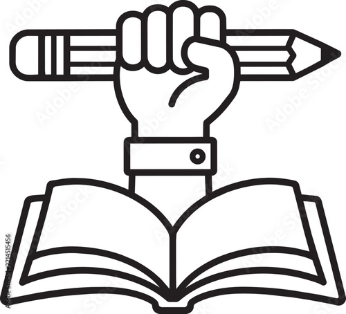Hand Holding Pencil Above Open Book Icon For Writing Education Creativity Learning And Knowledge