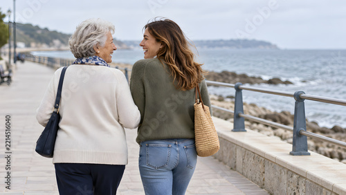 Older and Younger Women Walking by the Seaside