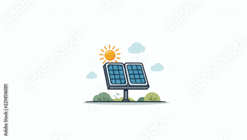 Eco friendly solar panel energy system illustration featuring shining sun and green environment for sustainable renewable power generation