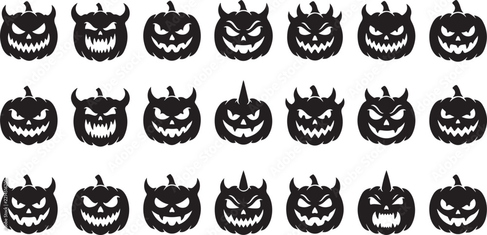 Obraz premium Halloween Evil Jack O Lantern Horned Pumpkins Faces Silhouette Icon Set Vector Illustration