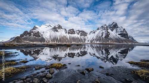 Snowy Mountain Peaks Reflecting in Water Landscape Photography
