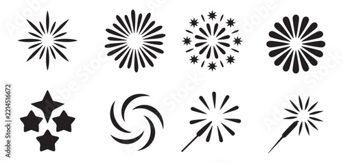 Black fireworks silhouette collection isolated on transparent background for festive celebrations graphic design.