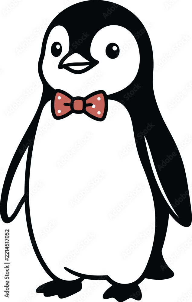 Fototapeta premium Cute cartoon penguin wearing bowtie vector illustration, playful bird character clip art, adorable black and white penguin graphic